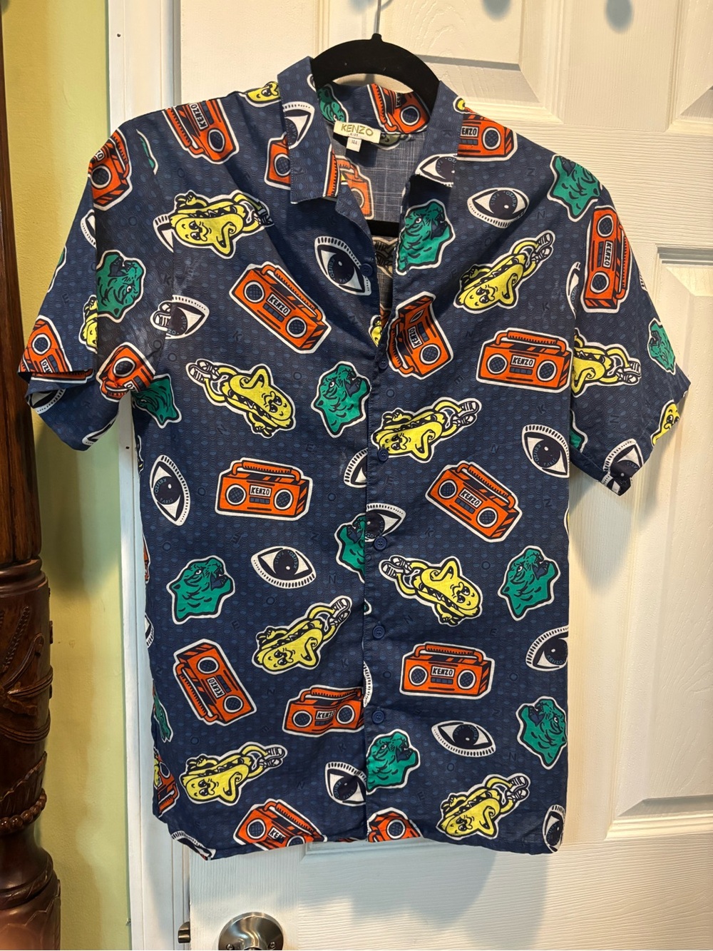 KENZO Kids Boy Button Down Shirt Sz 14A Vibrant All Over Print Retro Boombox